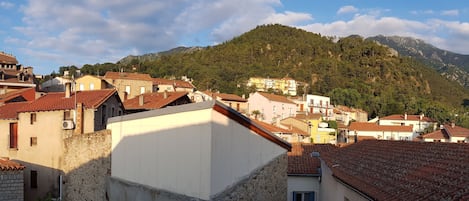 Un pueblo en la ladera con arquitectura tradicional, tejados de terracota y montañas al fondo.