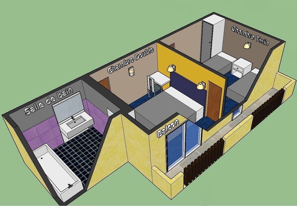 Plano de planta en 3D de un hotel que incluye dos baños privados, un balcón y una habitación doble.