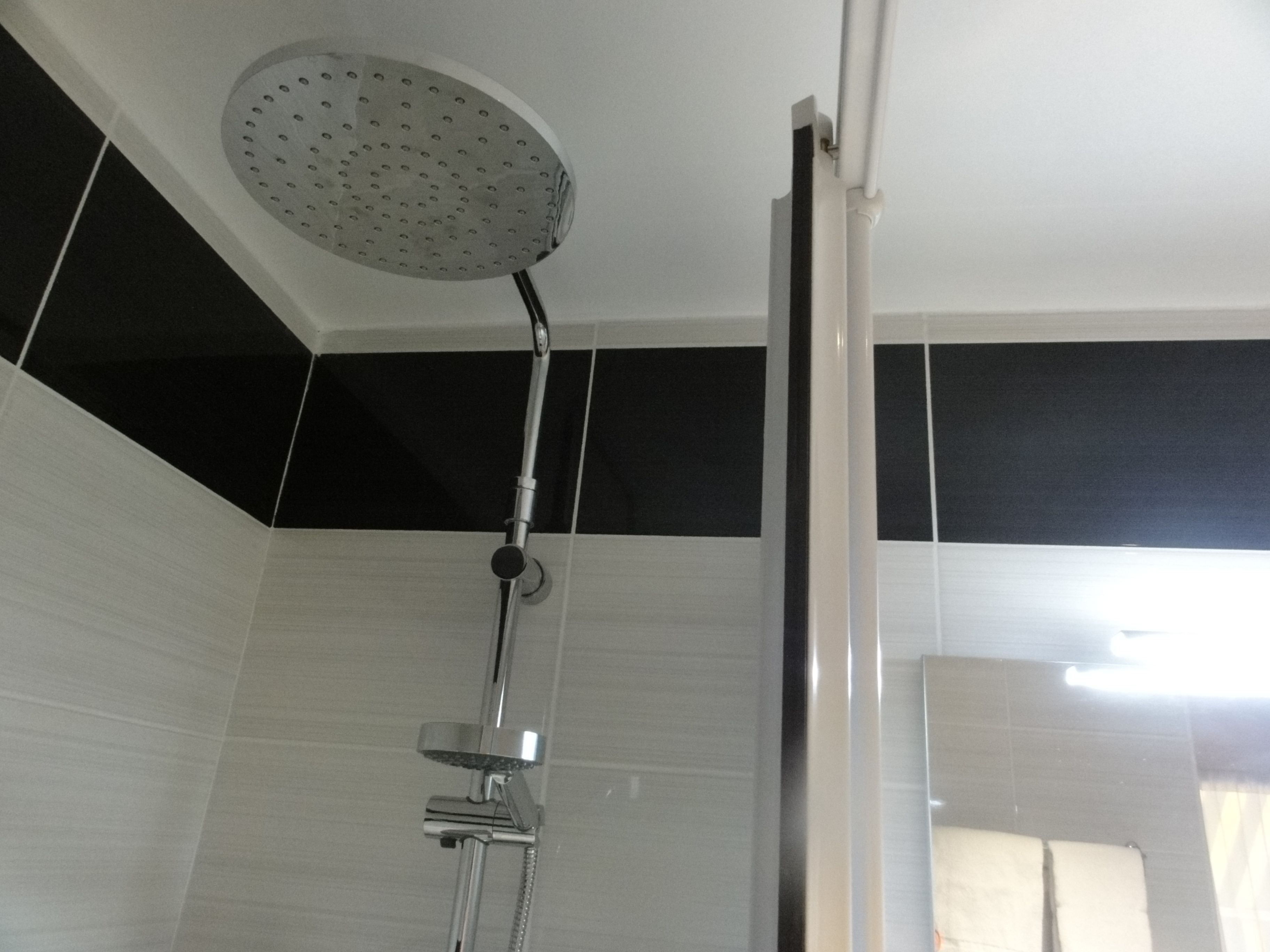 A shower with a rain showerhead, a handheld showerhead, and a wall-mounted control.