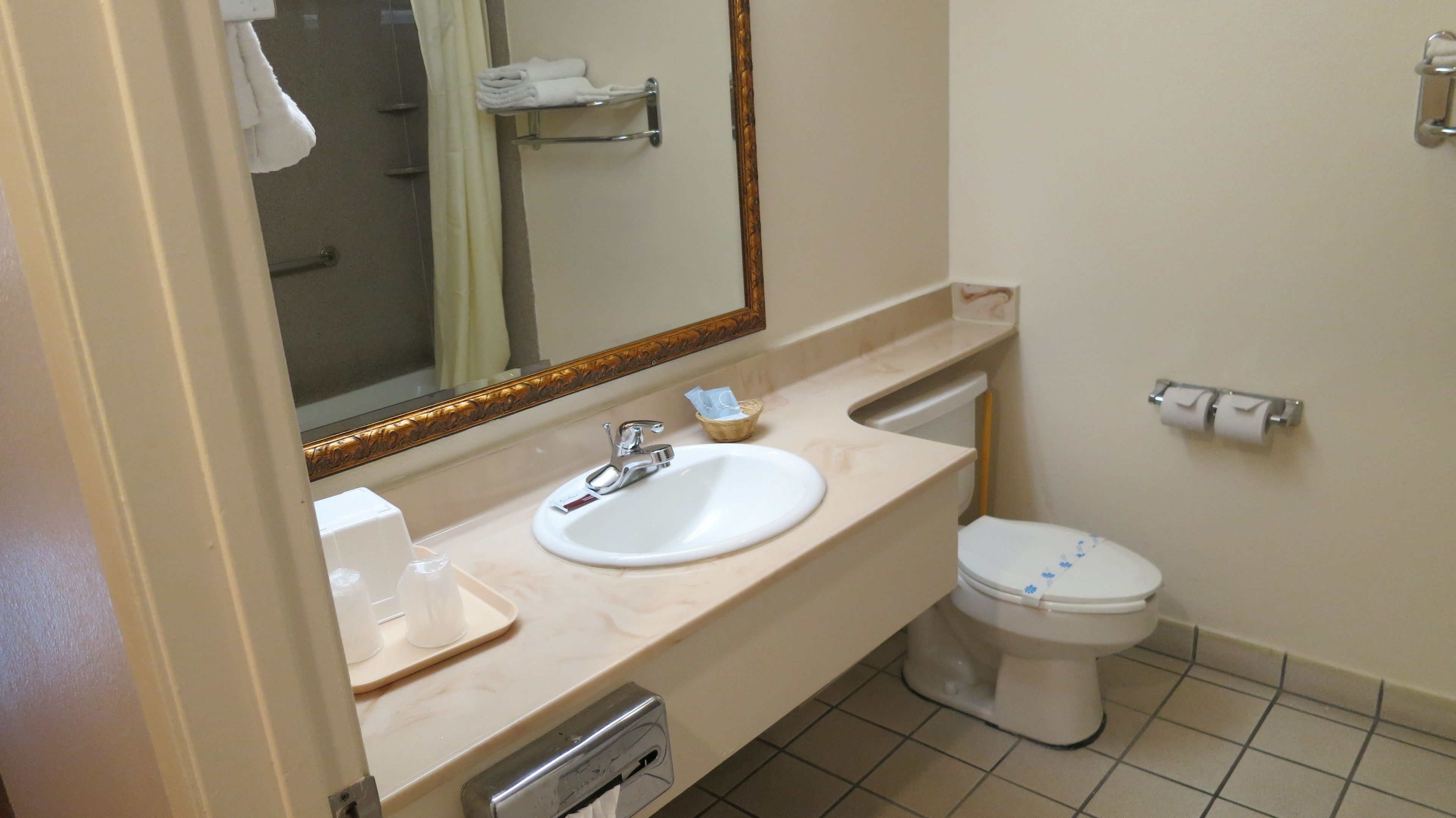 A bathroom with a sink, mirror, toilet, and towel rack.