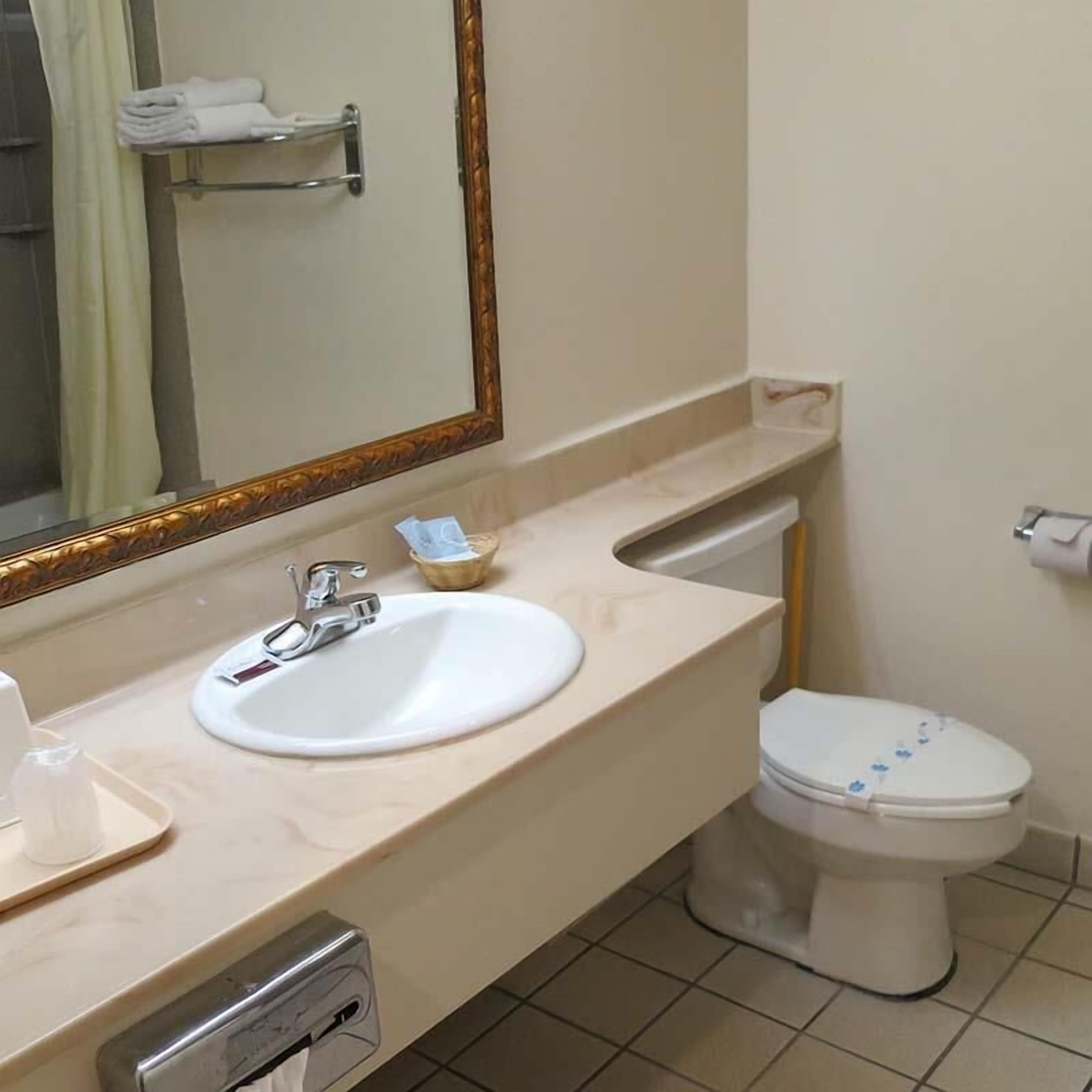 A bathroom with a white sink, a mirror, a toilet, and a towel rack.