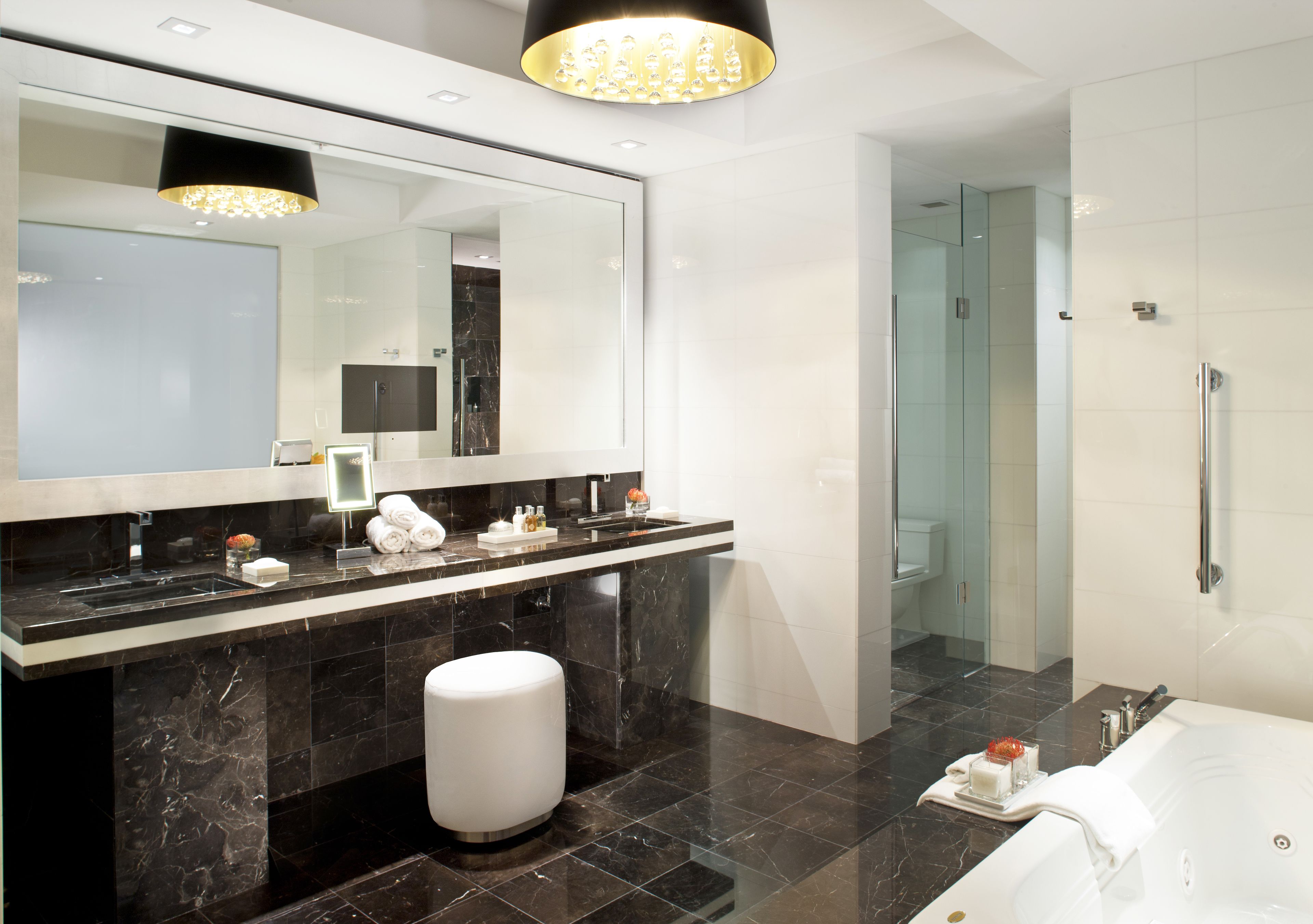 separate bathtub and shower, jetted bath, designer toiletries, bathrobes