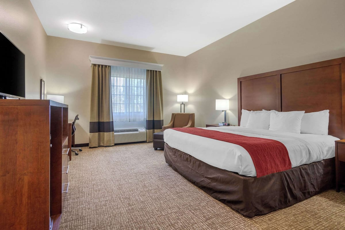 A hotel room with a large bed, a desk, a chair, a TV, and a window with curtains.