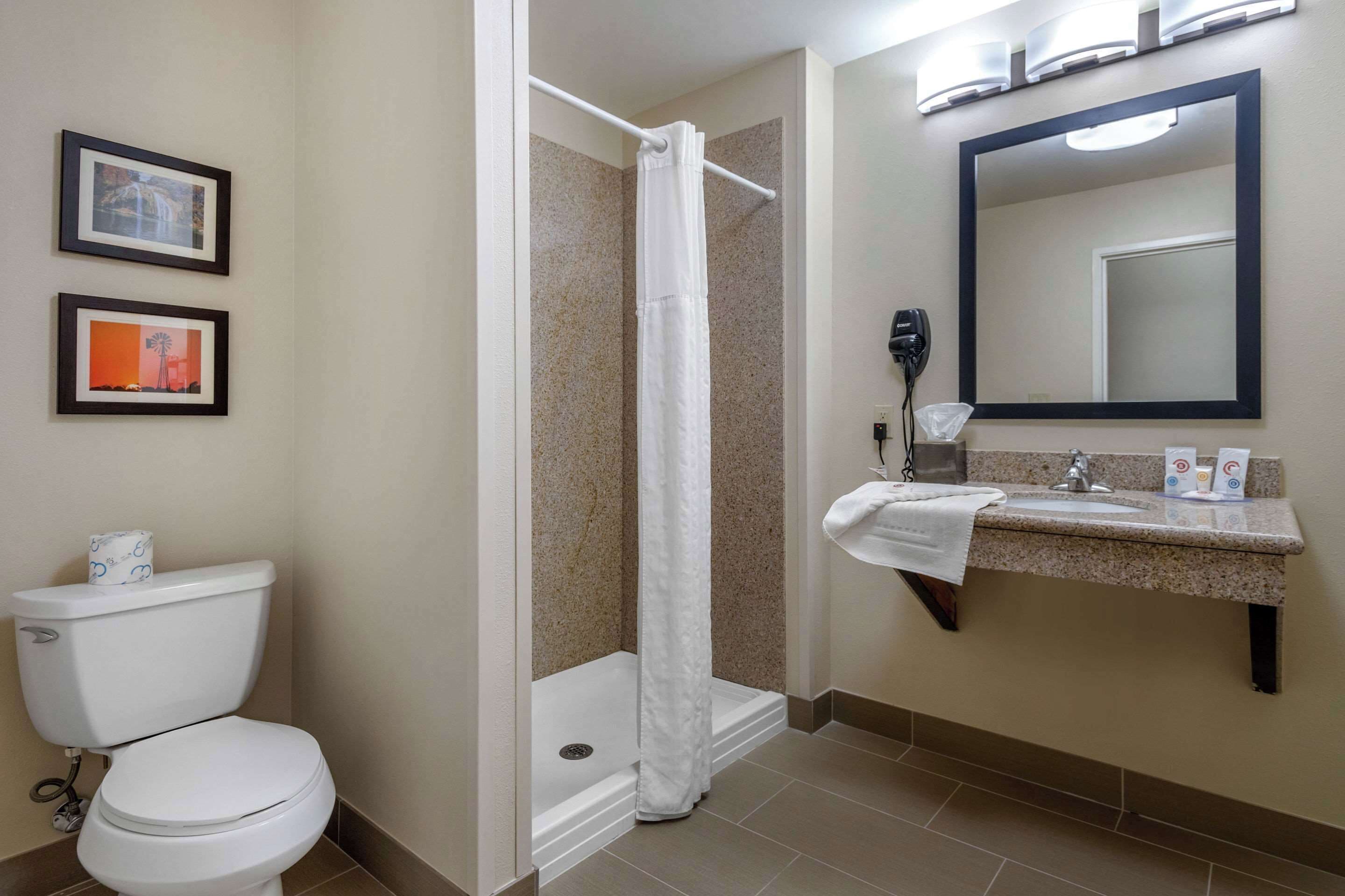 Un baño con inodoro, ducha, lavamanos y espejo.