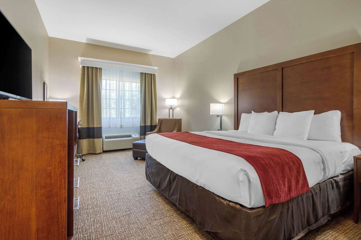 A hotel room with a large bed, a desk, a chair, a TV, and a window with curtains.