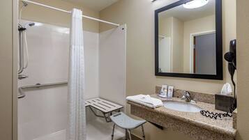 Une salle de bain équipée d’une douche, d’un lavabo, d’un miroir et d’un sèche-cheveux.