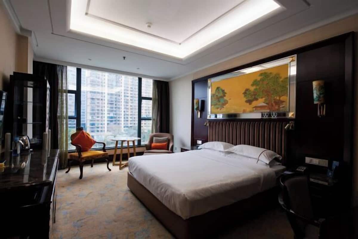 A hotel room with a large bed, a desk, a chair, a TV, and a window with a city view.