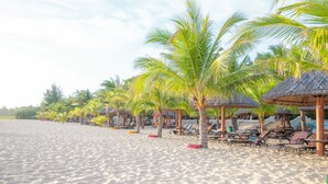 A beach with rows of palm trees and thatched-roof huts, lined with sun loungers. - Sea Links Beach Hotel (Phu Thuy)