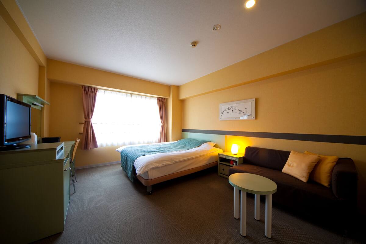 A hotel room with a bed, a desk, a TV, a sofa, and a small table.