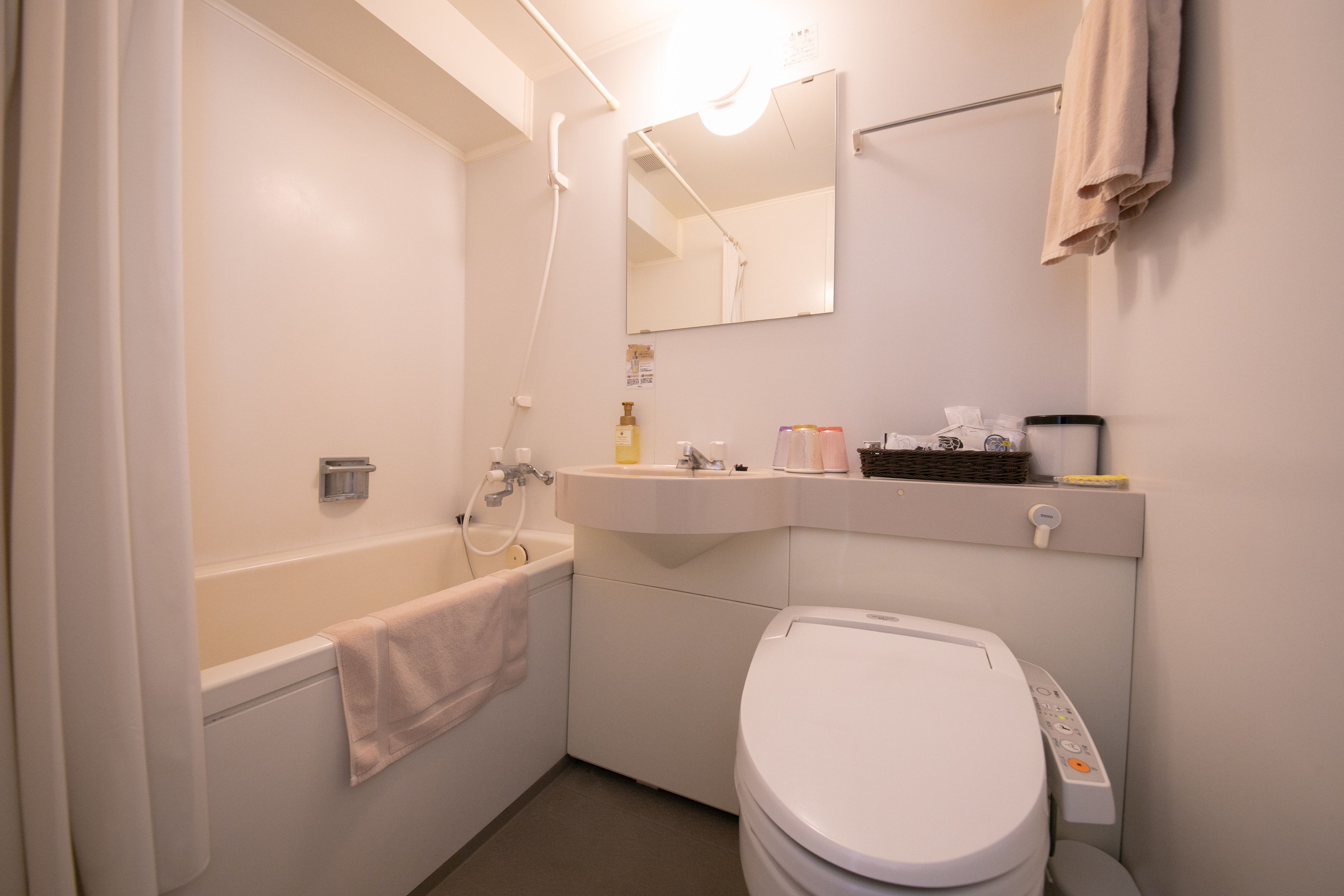 combined shower/bathtub, free toiletries, hair dryer, slippers