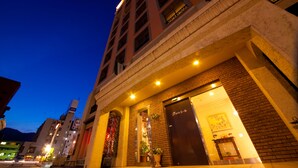 A hotel entrance with a brick facade, a large potted plant, and a sign above the door.