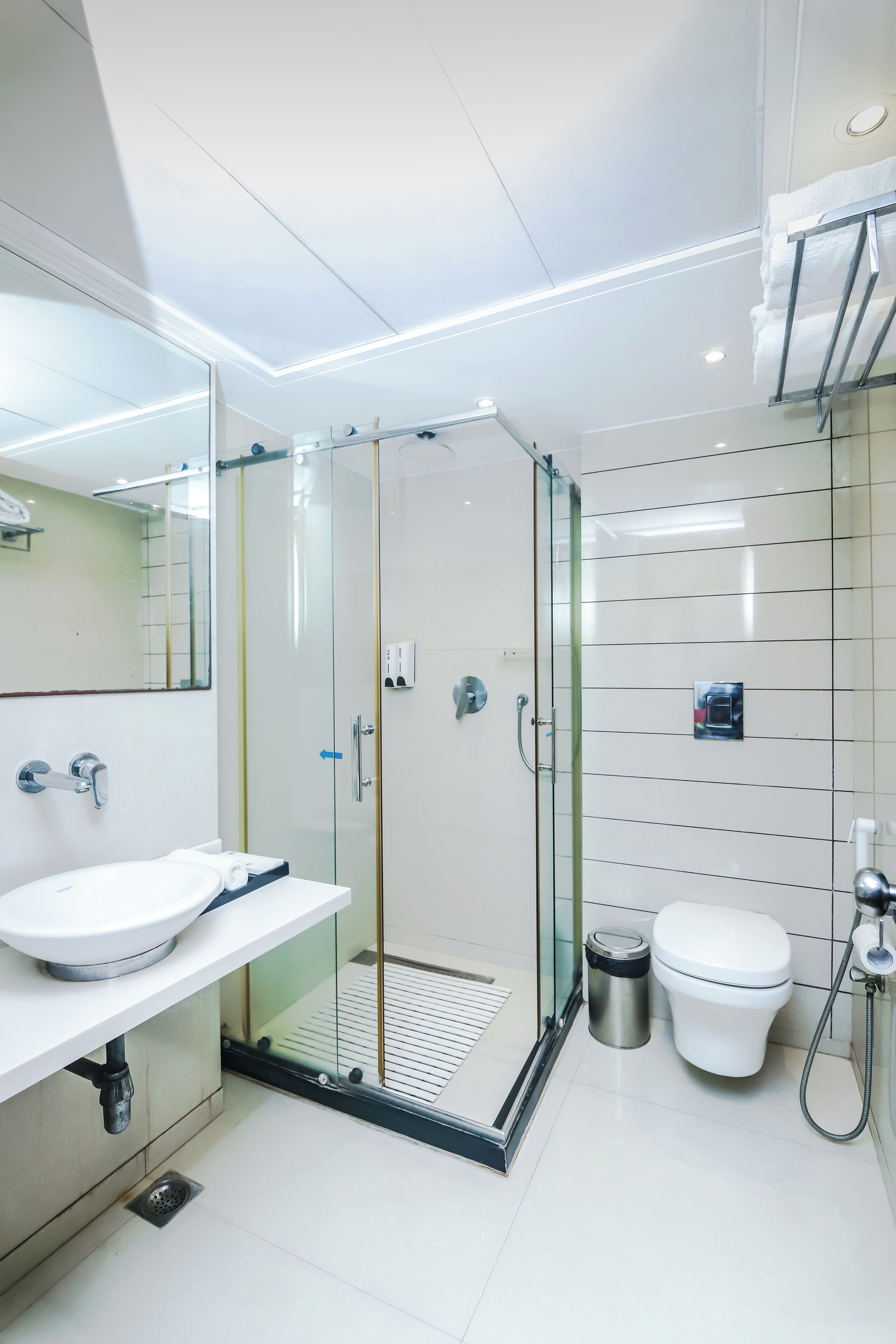 A modern bathroom with a glass-enclosed shower, a white sink, and a toilet.