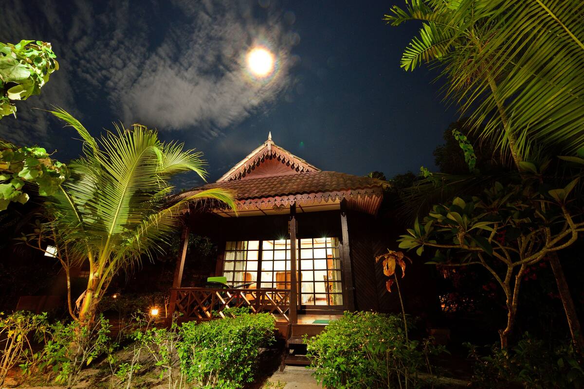 A traditional thatched-roof hut with a large window, surrounded by lush greenery and a pathway leading to it.