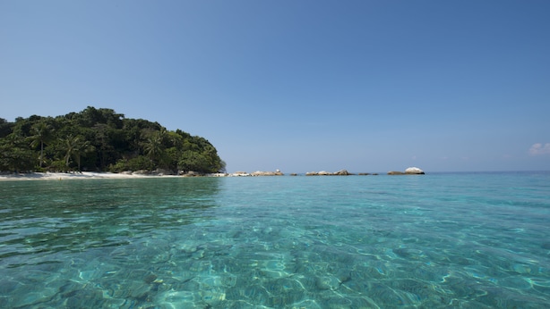 A clear turquoise sea with a sandy beach and a small island with dense vegetation.
