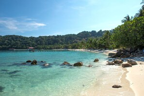 On the beach, white sand, beach towels, scuba diving