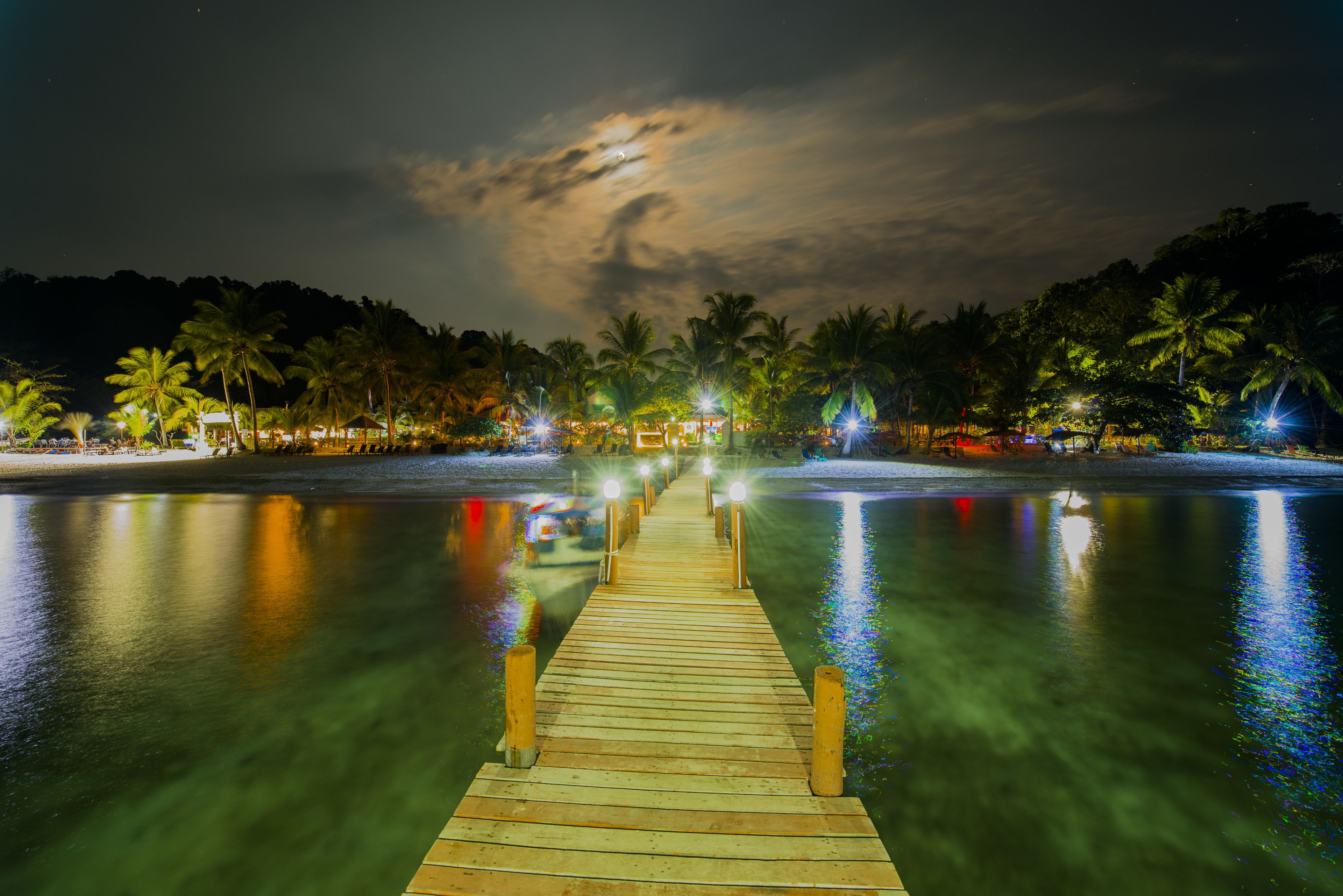 A wooden pier extending into calm water, surrounded by palm trees and illuminated by ambient lighting.