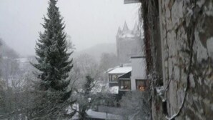 Un bâtiment dont le toit est recouvert de neige, avec un grand arbre au premier plan.