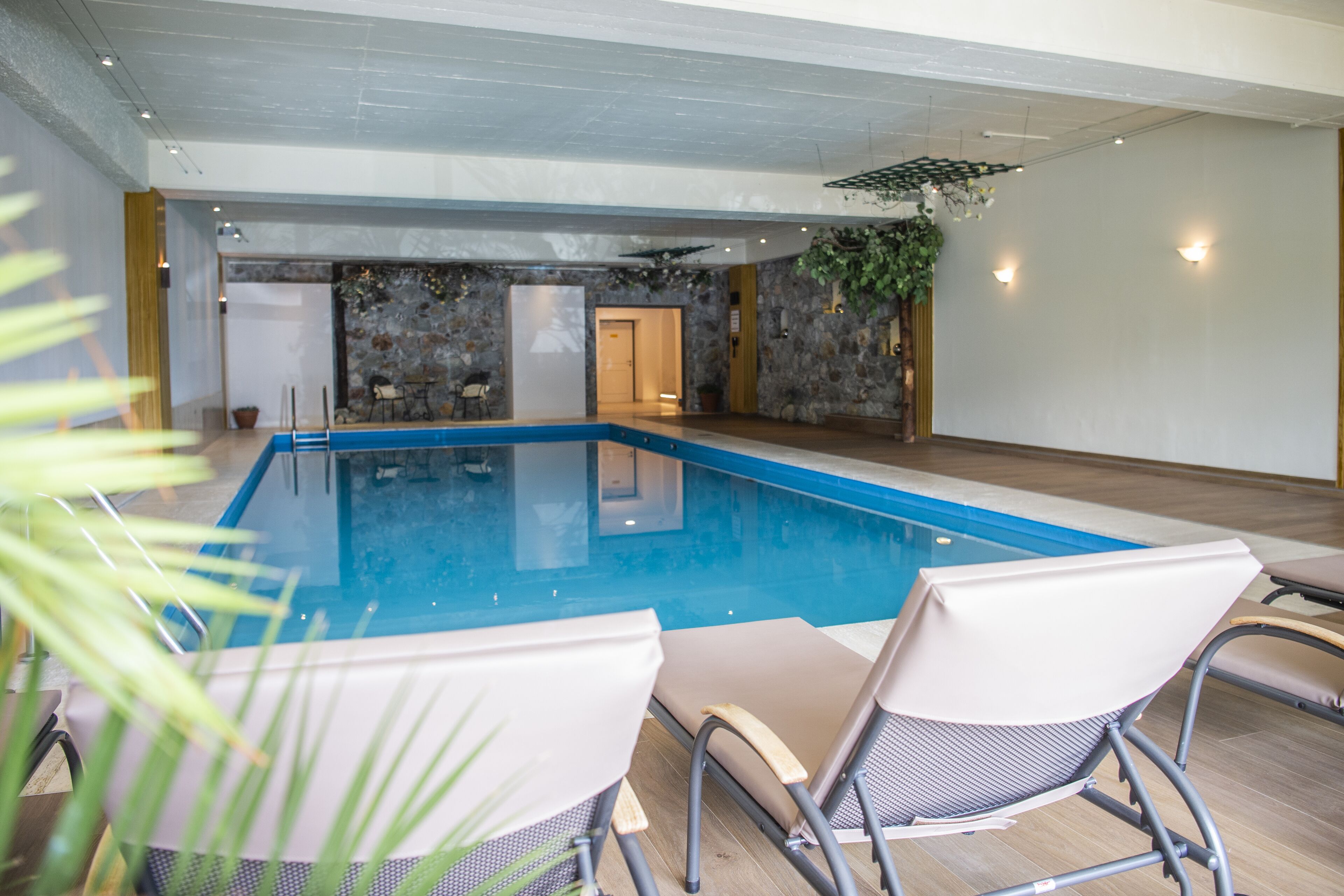 indoor pool, seasonal outdoor pool, pool loungers