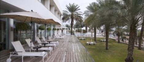 A wooden deck with sun loungers and umbrellas, palm trees, and a building with large windows.
