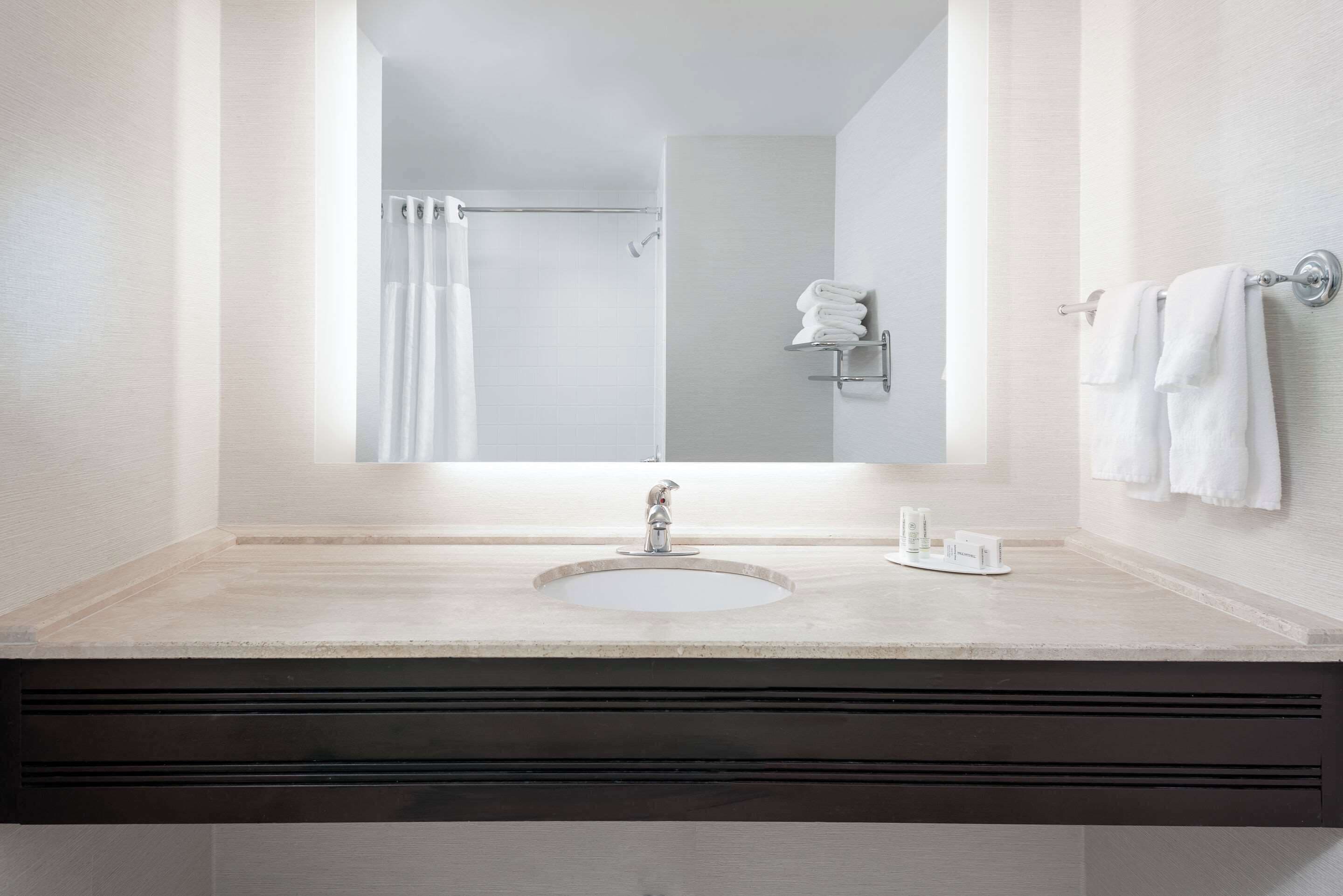 A bathroom with a large mirror, a sink, and a towel rack.