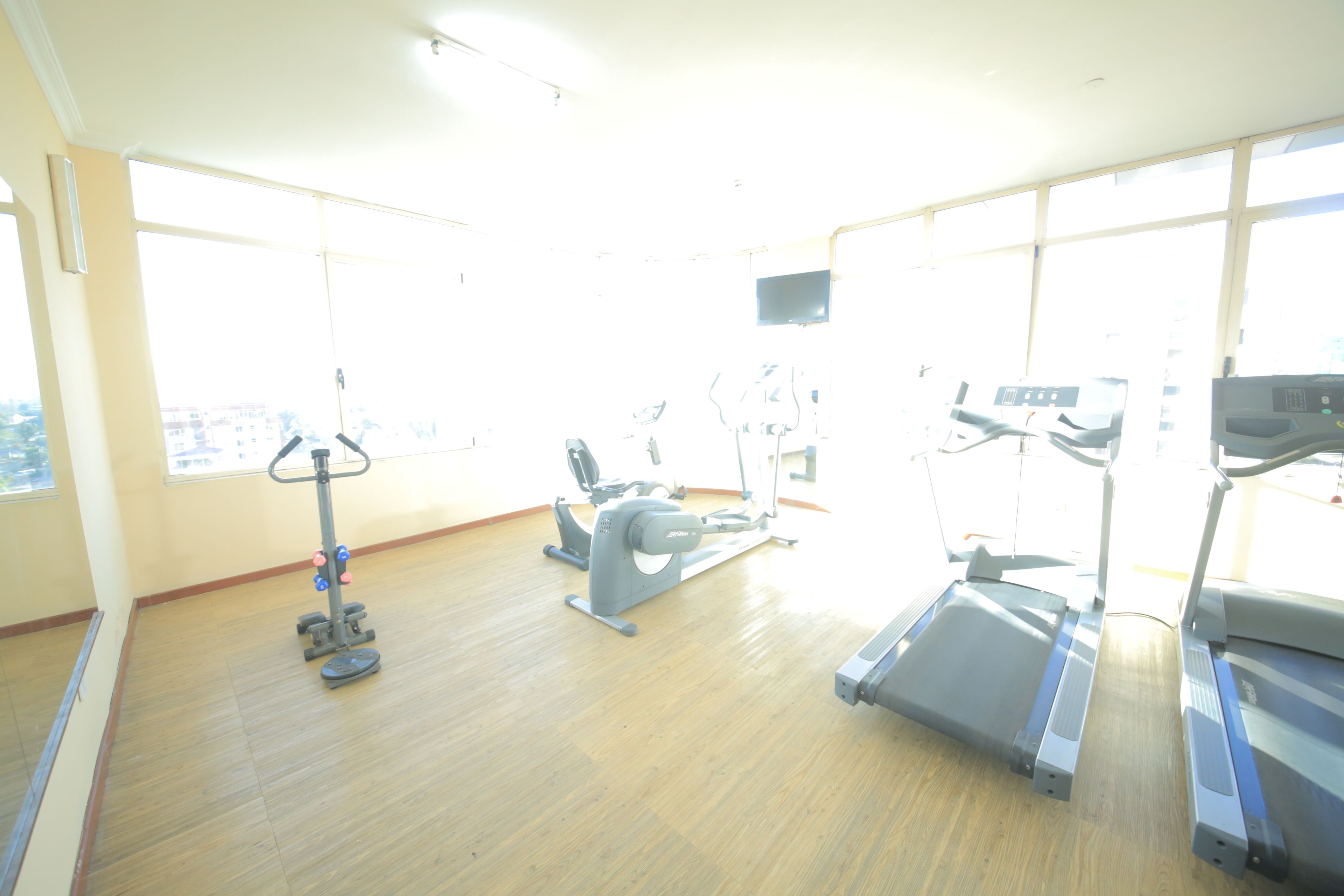 A gym with cardio machines, a stationary bike, and a rowing machine.