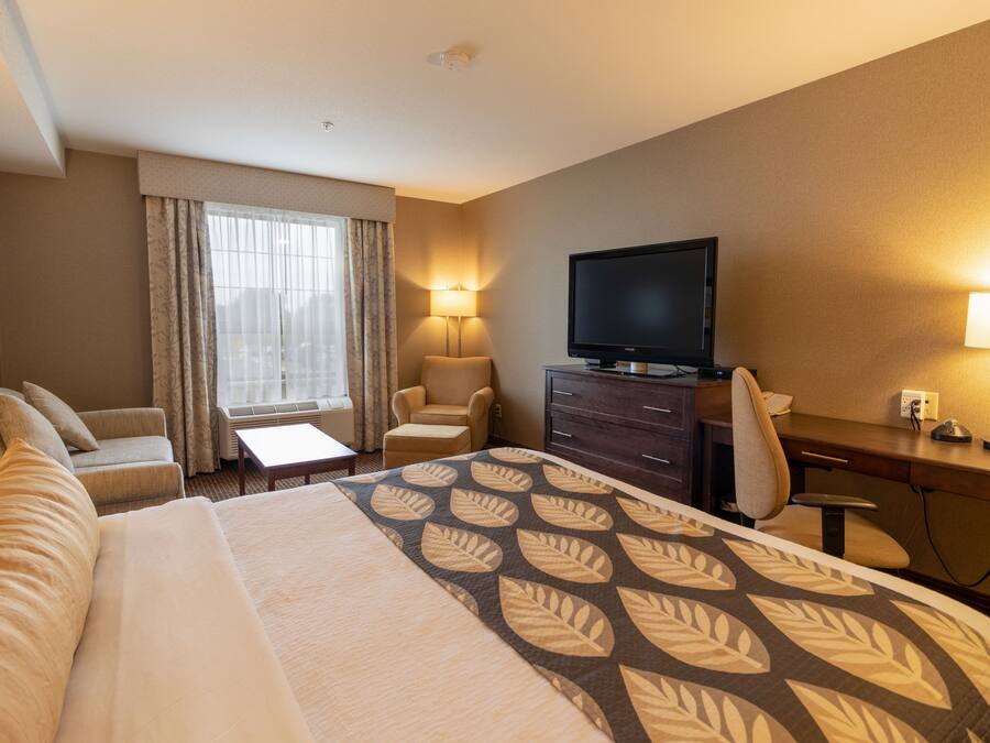 A hotel room with a large bed, a desk with a computer, a TV, a sofa, and a chair.