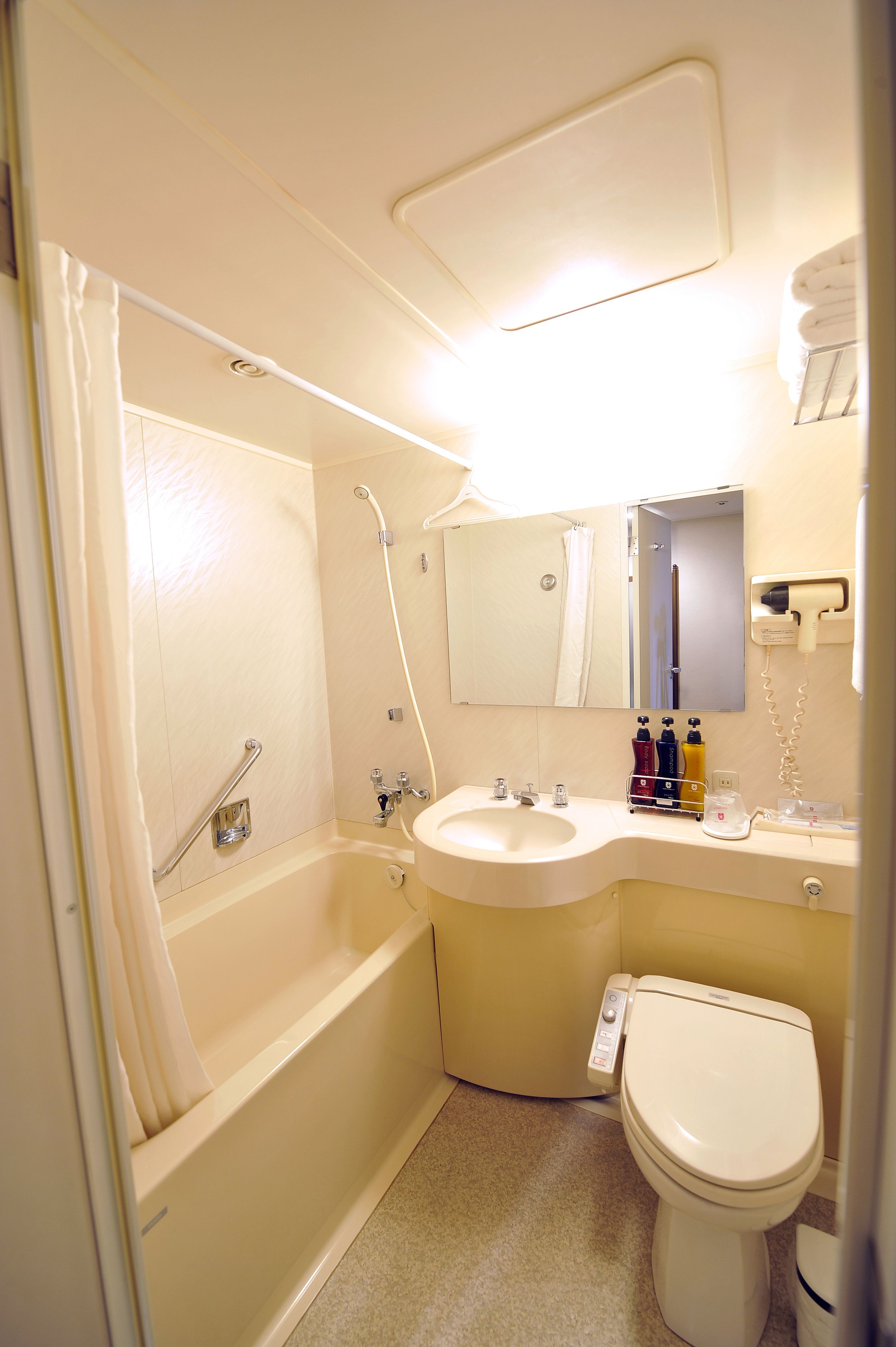 combined shower/bathtub, free toiletries, hair dryer, slippers