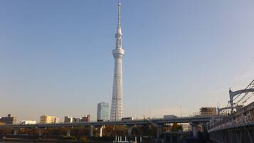 A river with a bridge and a tower in the background.