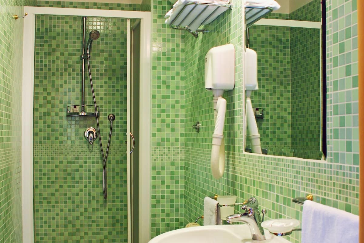 shower, rainfall showerhead, hair dryer, slippers