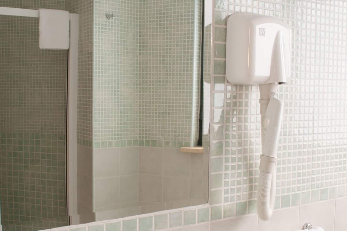 shower, rainfall showerhead, hair dryer, slippers