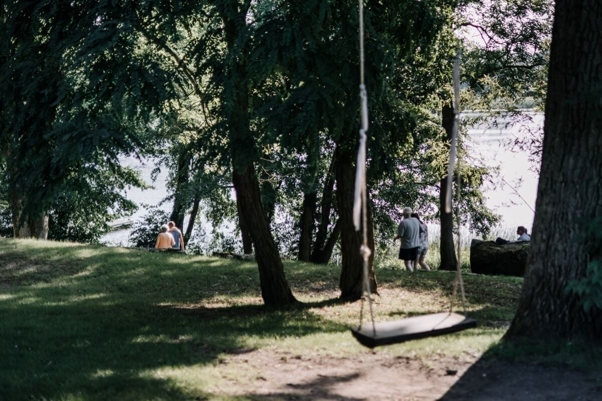 Ein Park mit Schaukeln, Bäumen und einem See im Hintergrund.