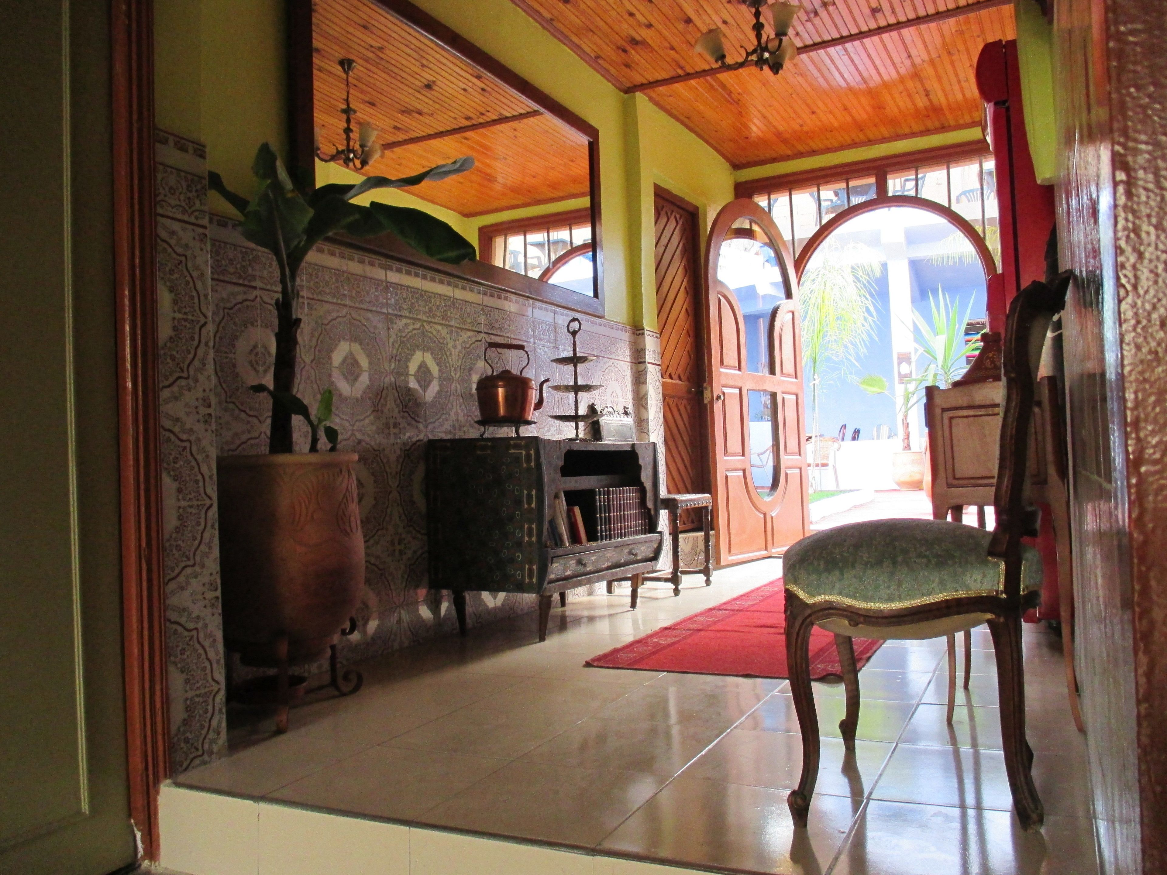A room with a wooden ceiling, a red carpet, a large potted plant, a wooden cabinet, and a chair.