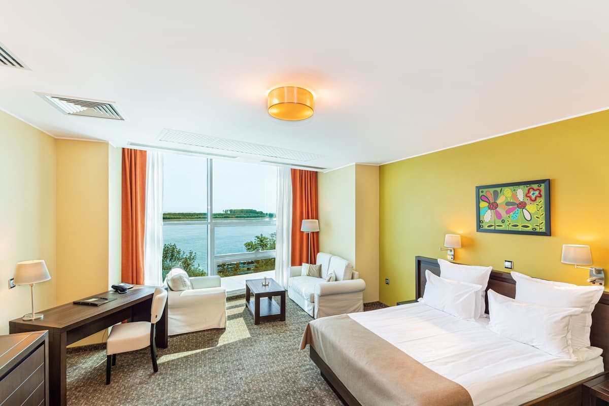 Minibar, escritorio, espacio para trabajar con laptop y insonorización