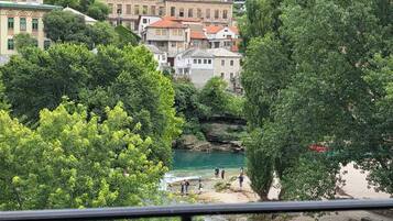 A coastal town with buildings, trees, and a river.