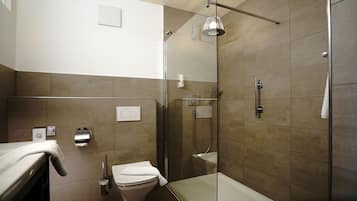 Hair dryer, heated floors, towels, soap
