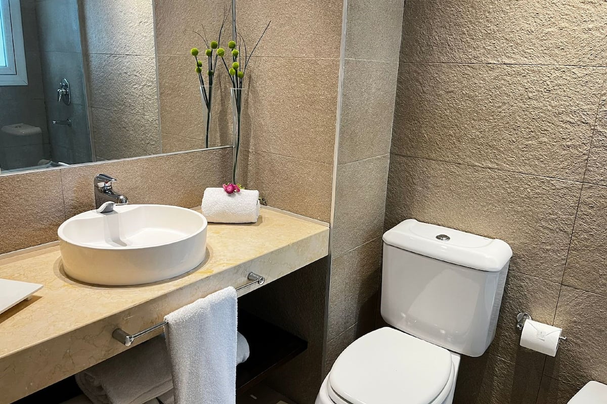 combined shower/bathtub, free toiletries, hair dryer, bidet