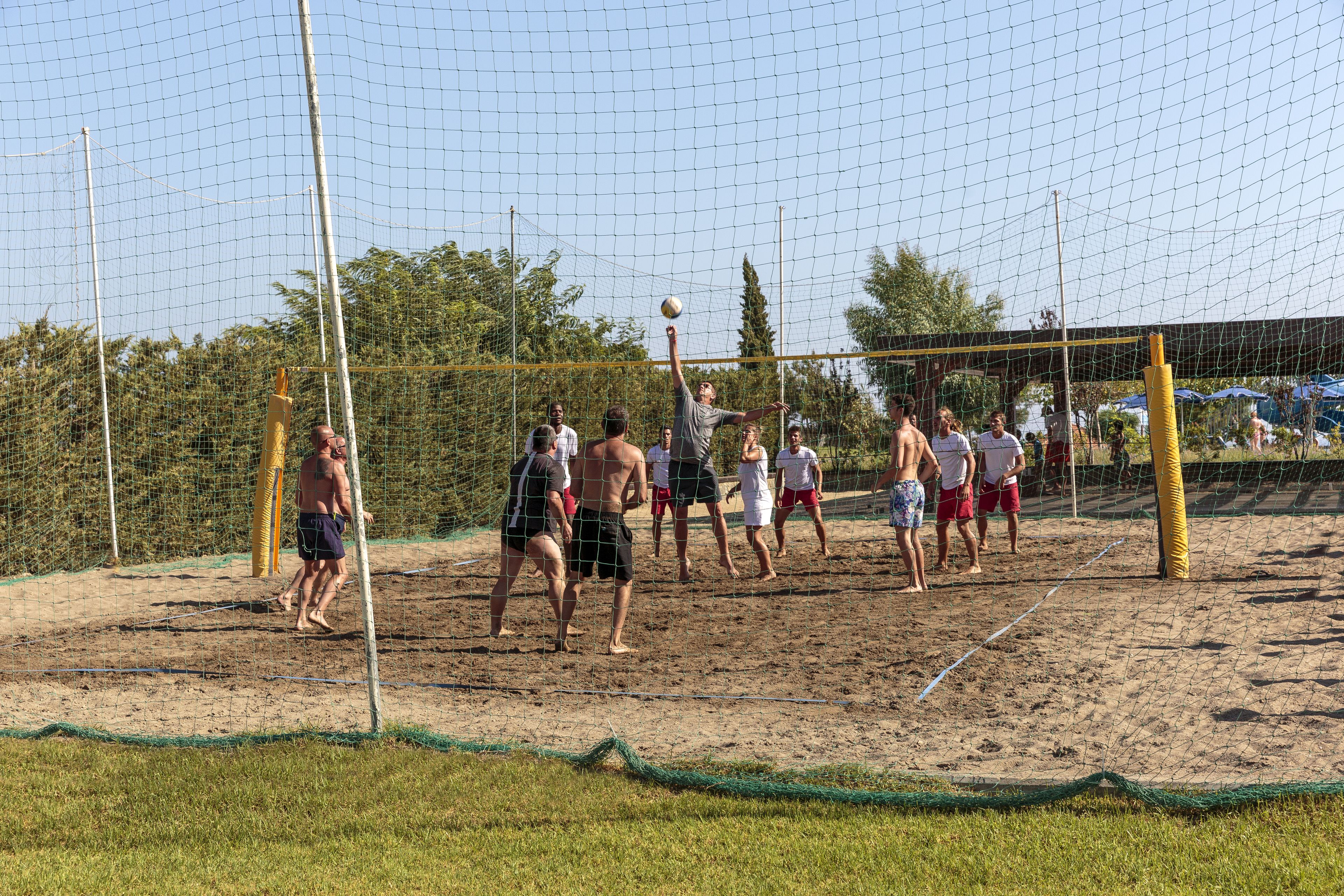 Un terrain de volleyball de sable avec un filet, entouré d’une clôture en fil de fer et d’arbres.
