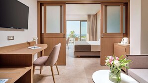 A hotel room with a bed, a desk, a chair, a TV, and a view of the outdoors.