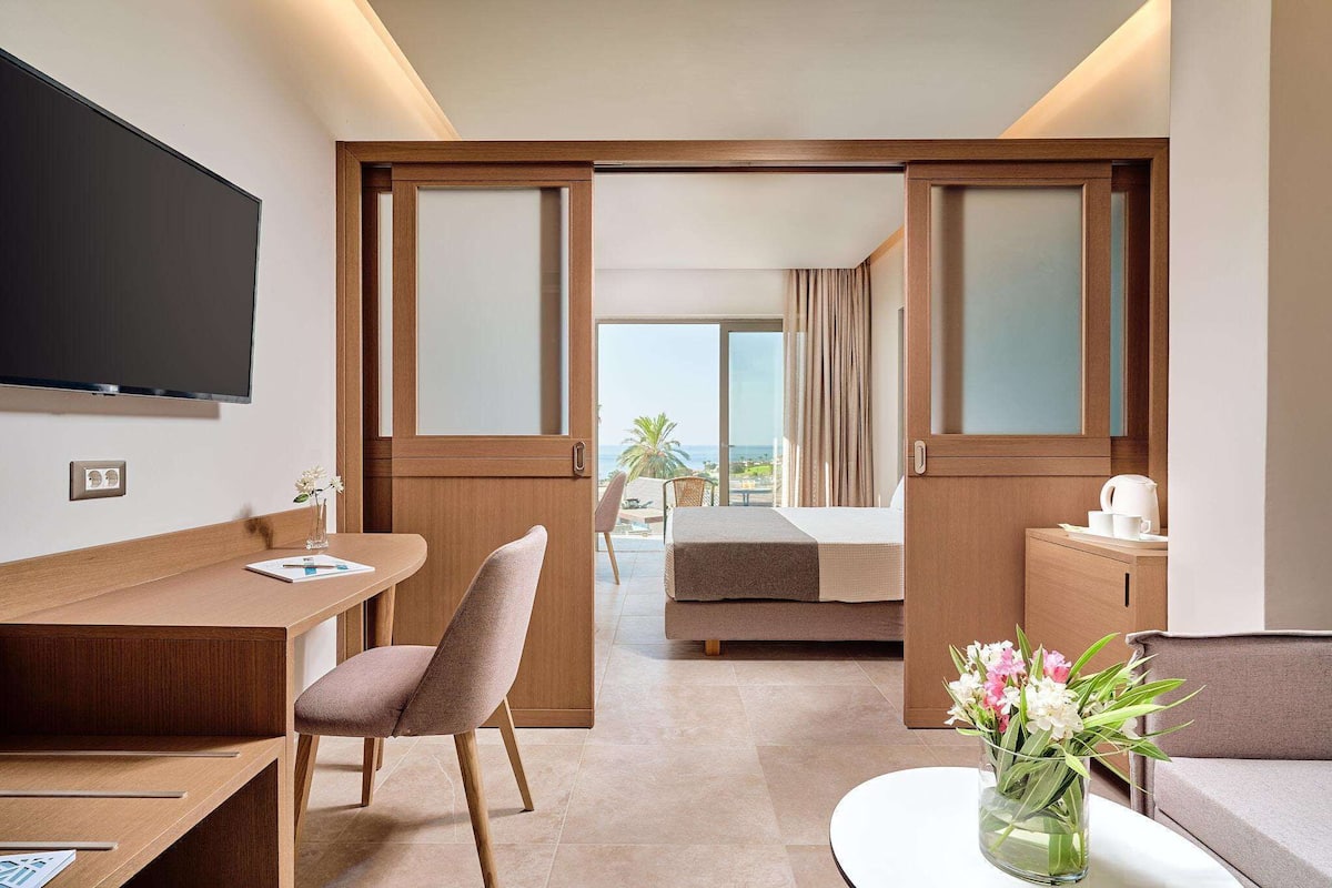 A hotel room with a bed, a desk, a chair, a TV, and a view of the outdoors.