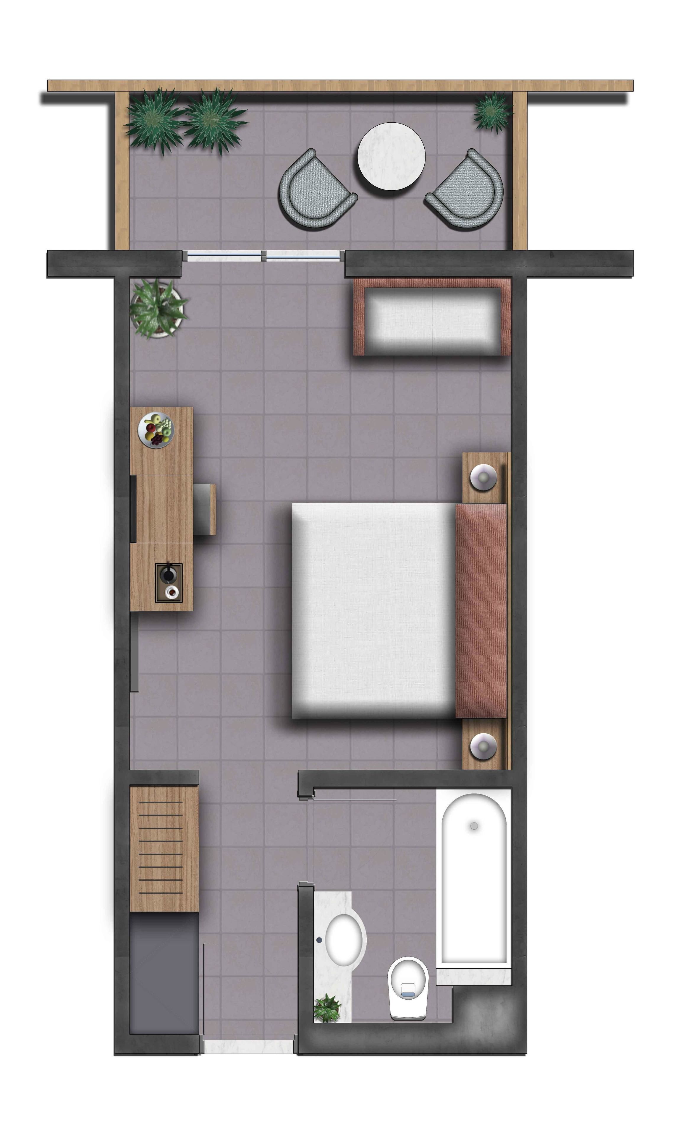 A 1-bedroom apartment layout with a kitchen, a dining area, a living room, and a bathroom.