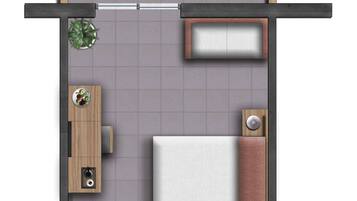 A 1-bedroom apartment layout with a kitchen, a dining area, a living room, and a bathroom.