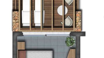 A floor plan of a hotel room with a bed, two seating areas, a small kitchen, a bathroom, and a balcony with a view.