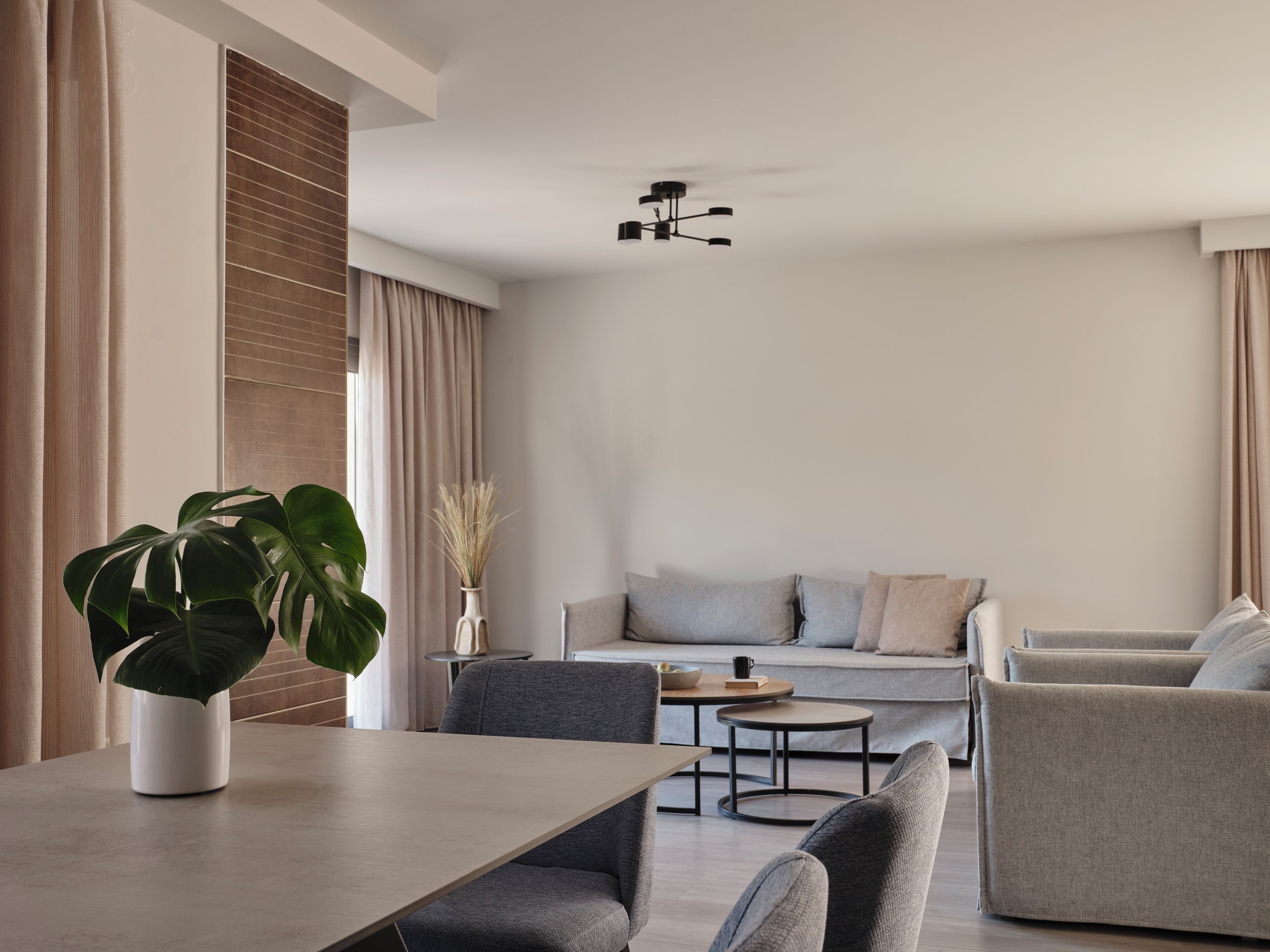 A modern living room with a dining area, grey sofas, a coffee table, and a potted plant.
