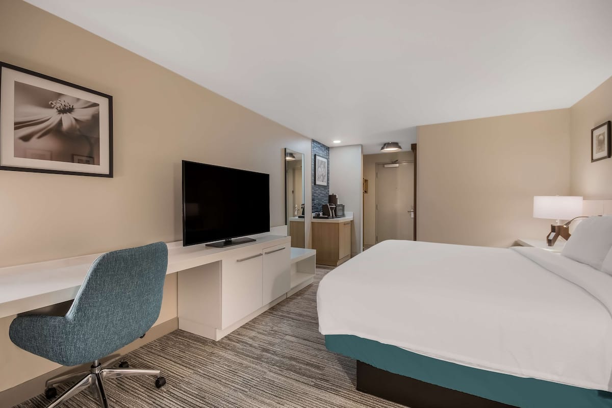 A hotel room with a bed, a desk with a TV, a chair, a mirror, and a door.