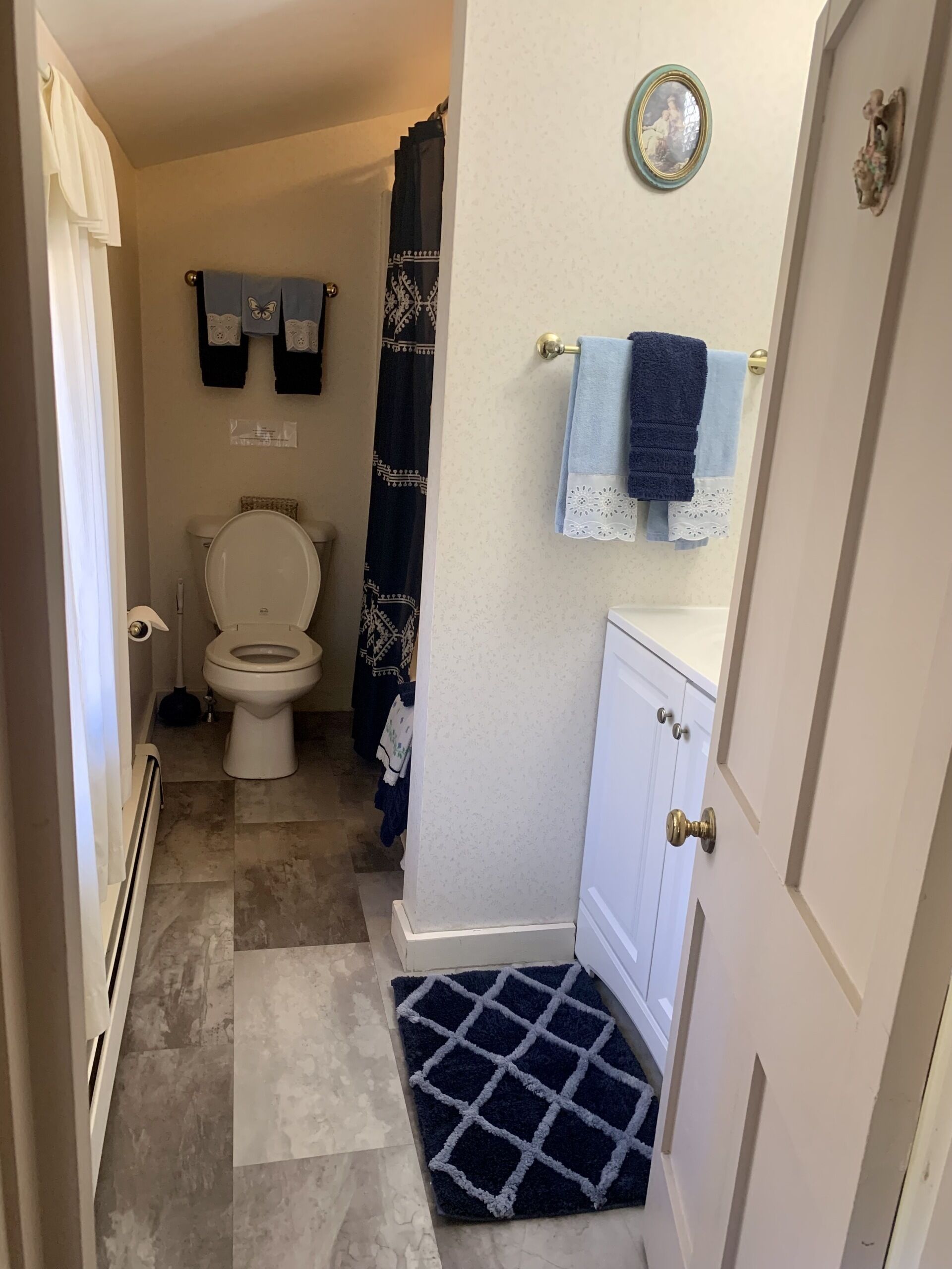 A bathroom with a toilet, a sink, a shower curtain, and a small rug.