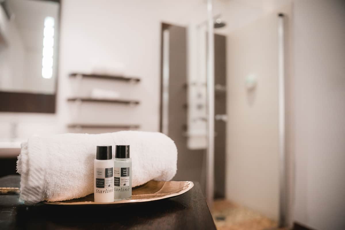 shower, rainfall showerhead, hair dryer, towels