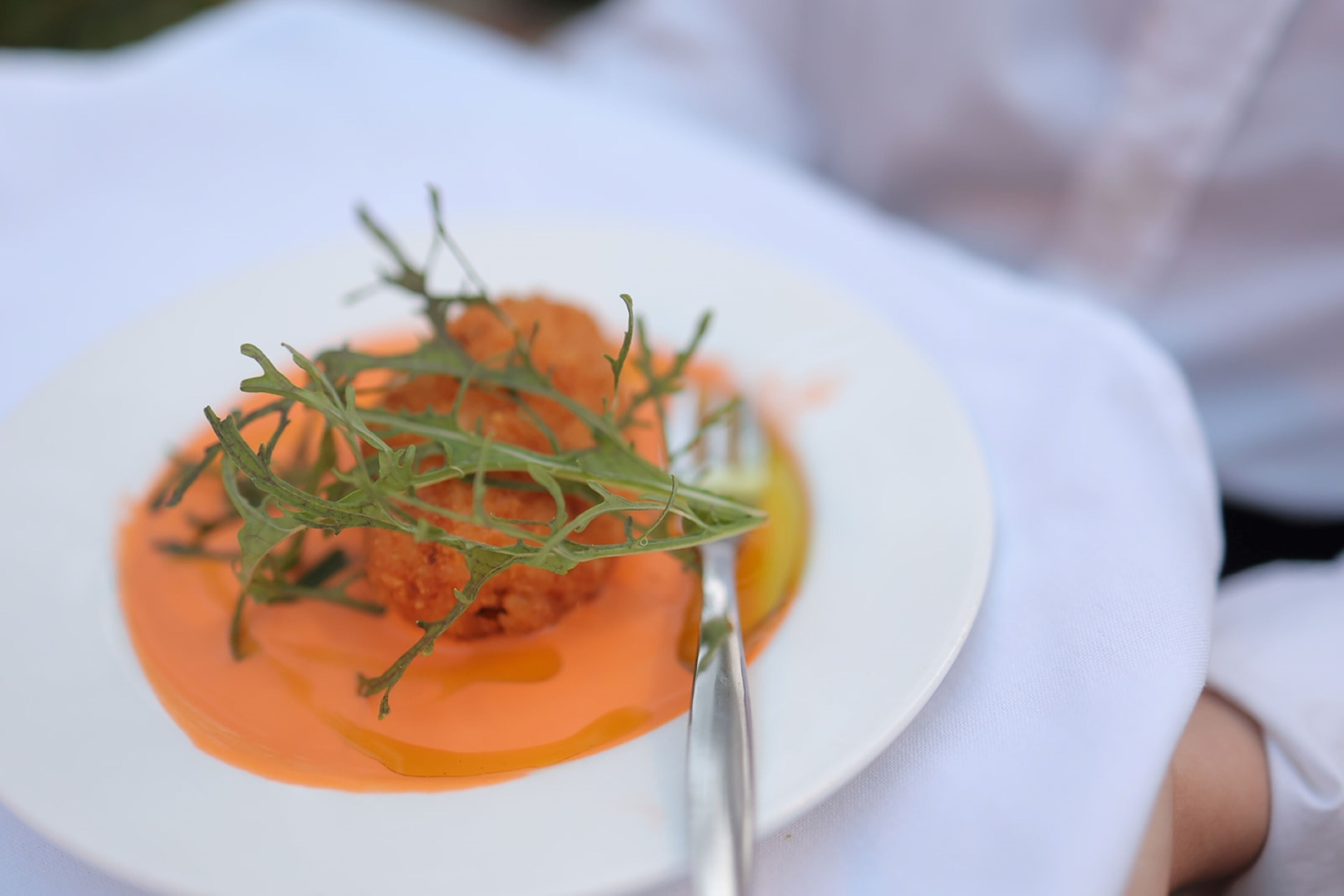 A plate with a dish and a fork.
