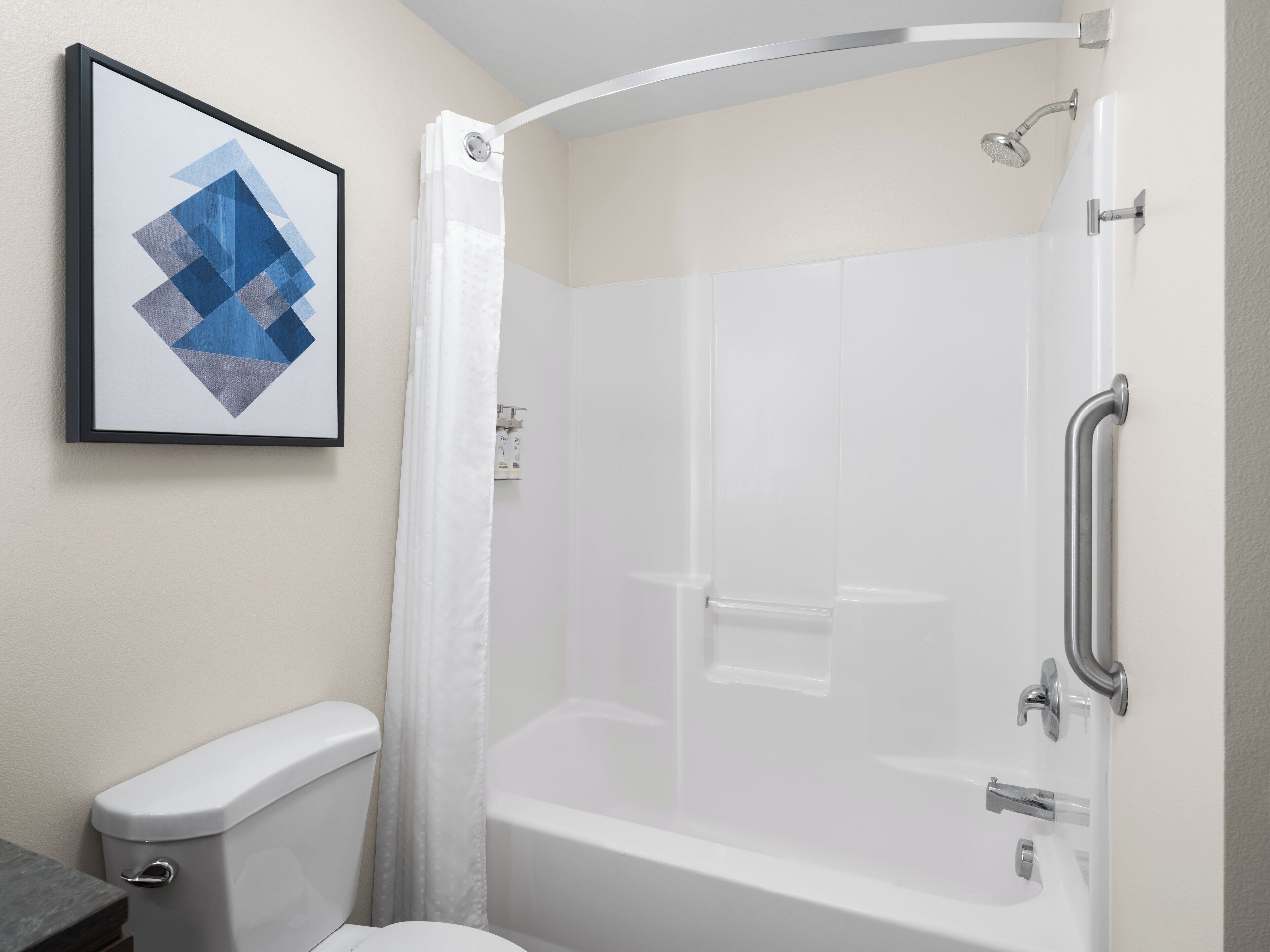 combined shower/bathtub, free toiletries, hair dryer, towels