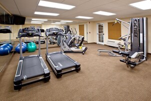 Un gimnasio con cintas de correr, elípticas y pelotas de ejercicio.
