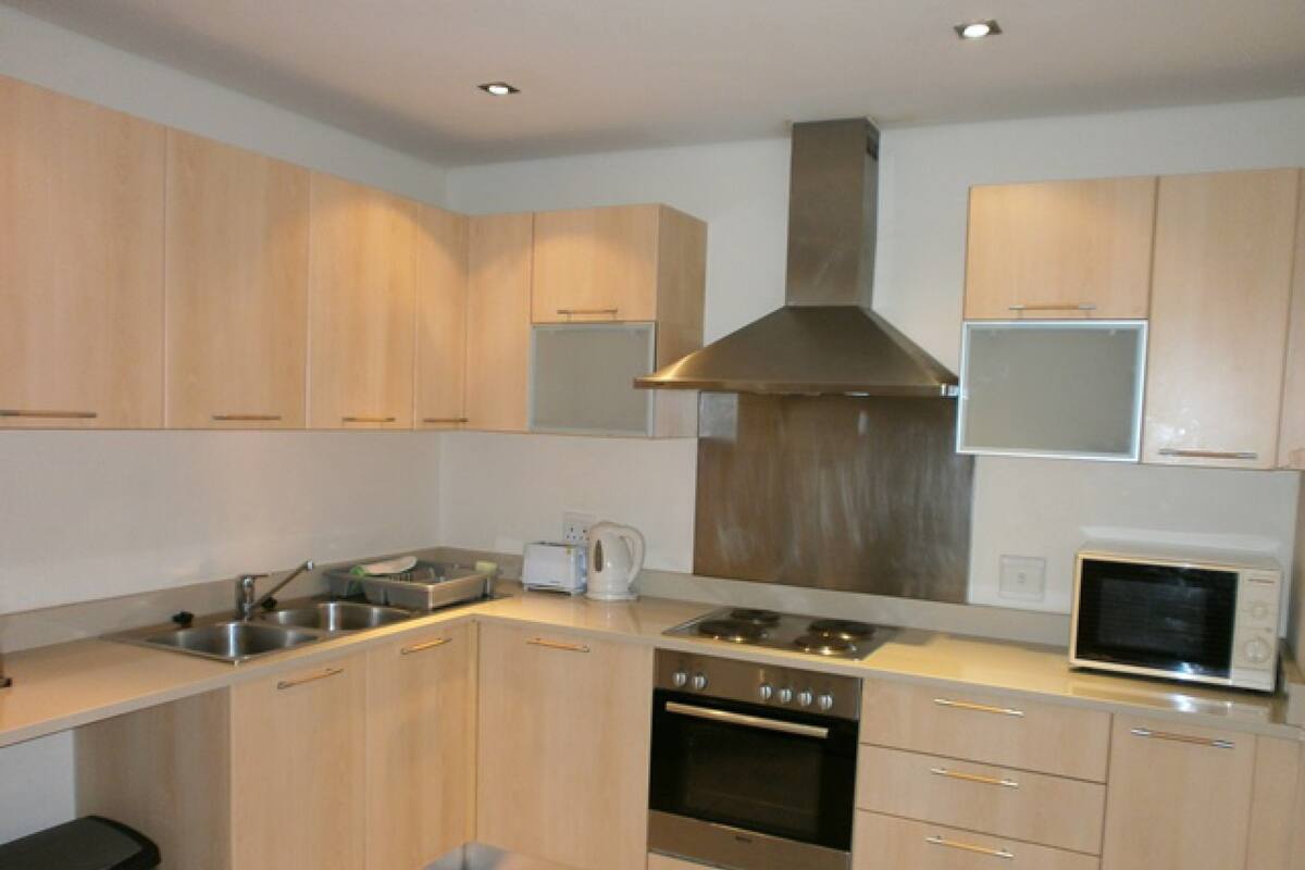 A modern kitchen with light wood cabinets, stainless steel appliances, and a central range hood.